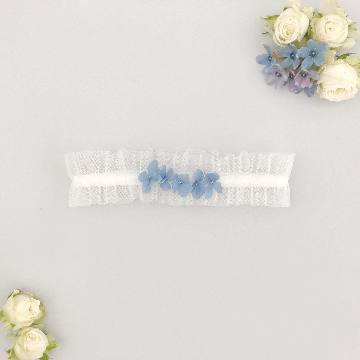 Wedding Garter Off white with cornflower blue flowers / Extra small 35-40cm (13.5-16 inch) Tulle wedding garter with &#39;something blue&#39; flowers- &#39;Bluebell&#39;