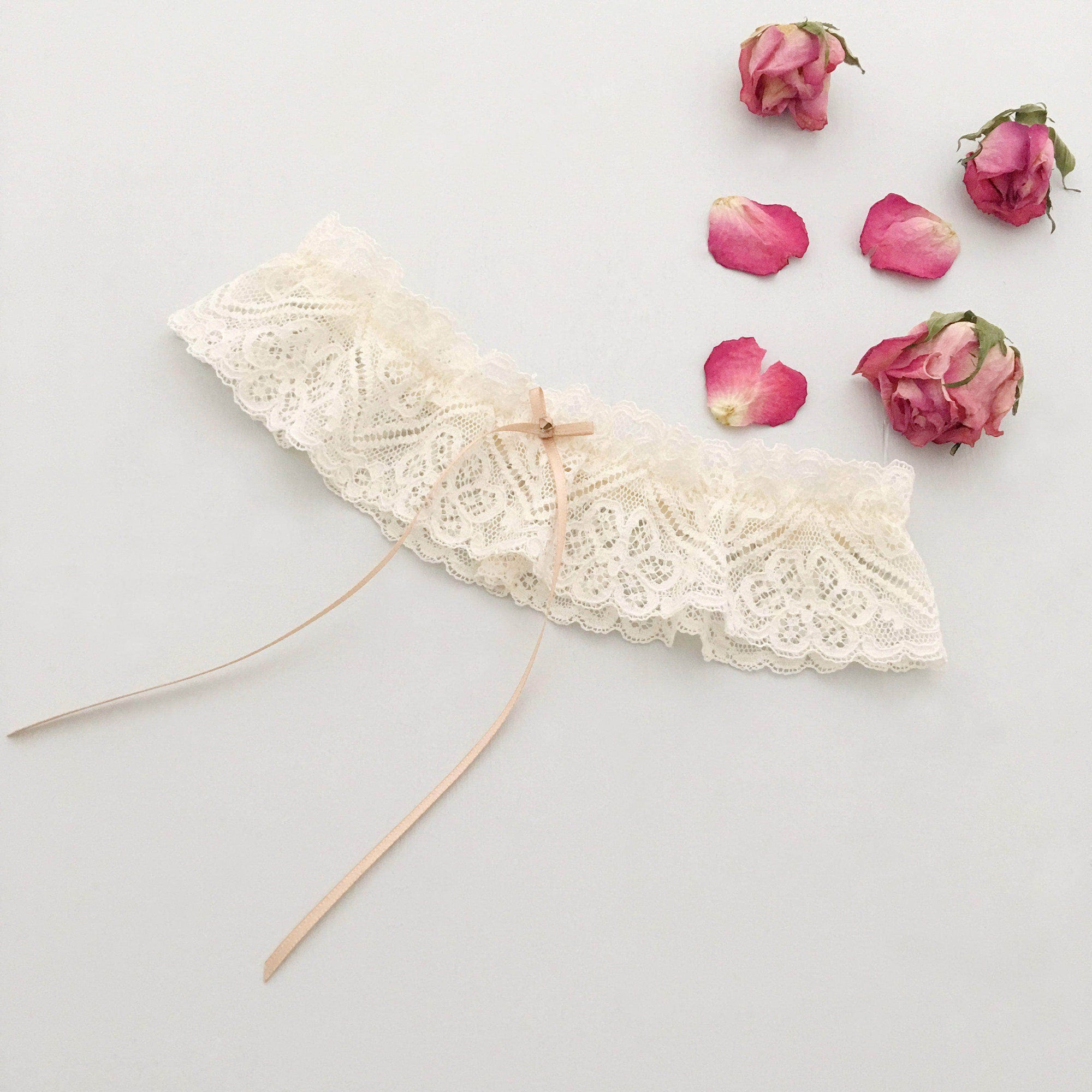 Wedding Garter Champagne lace wedding garter with satin bow - 'Zara'
