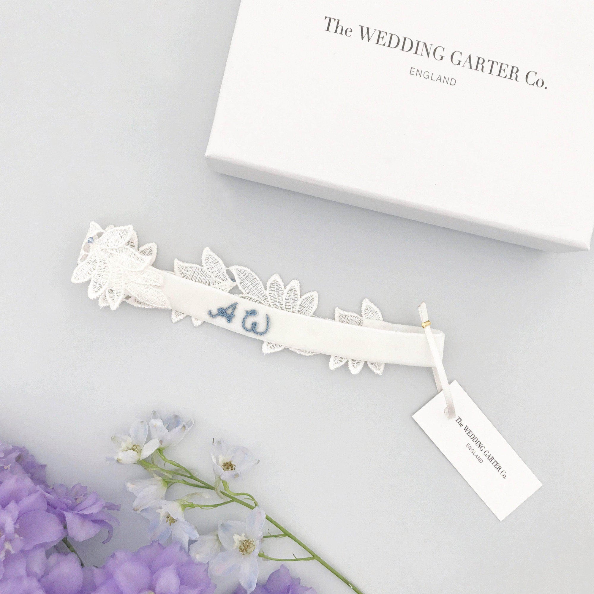 Wedding Garter Personalised embroidered wedding garter with 'something blue' crystals - 'Iris'