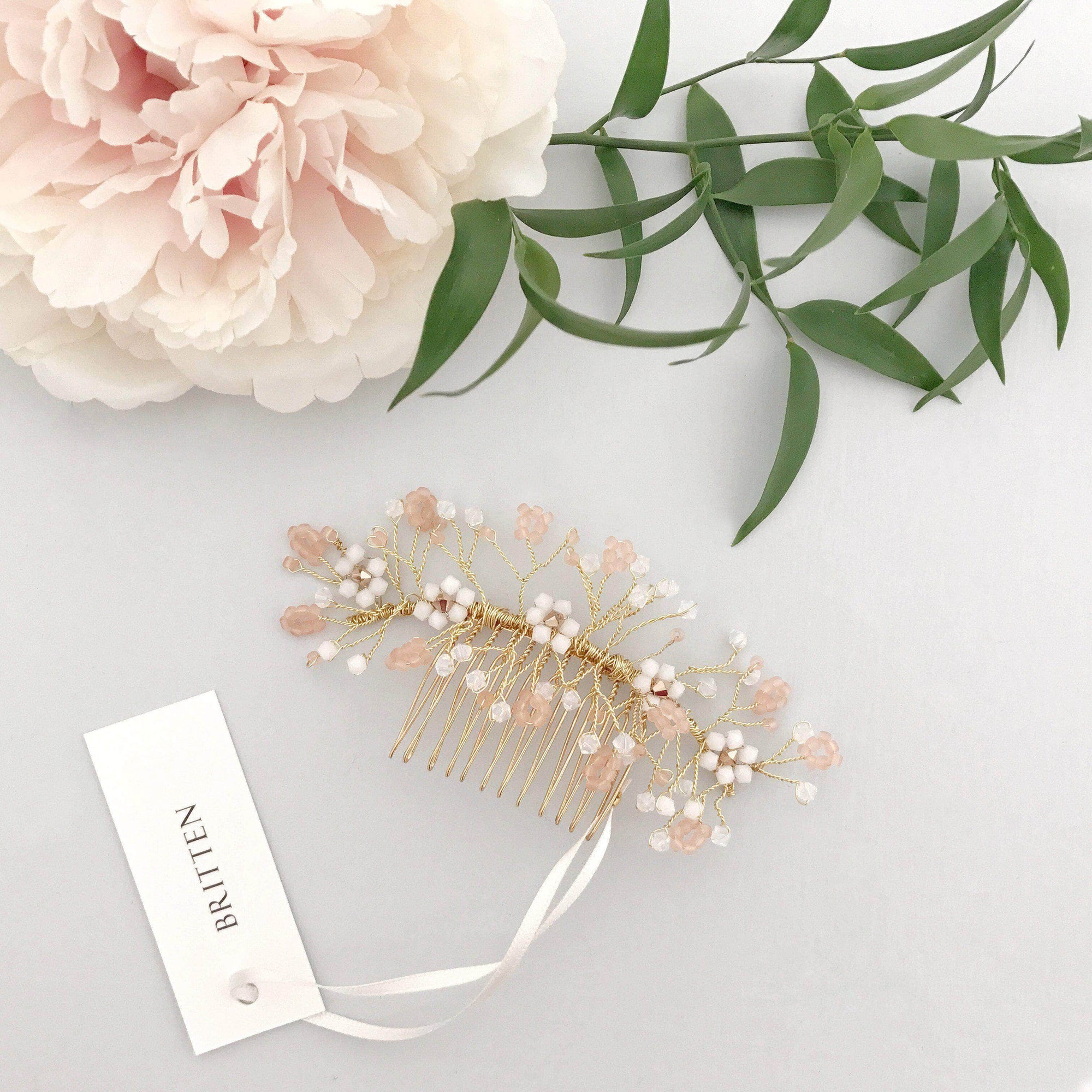 Wedding Haircomb Gold Wedding hair comb with blush and frosted Swarovski crystals - 'Helena'