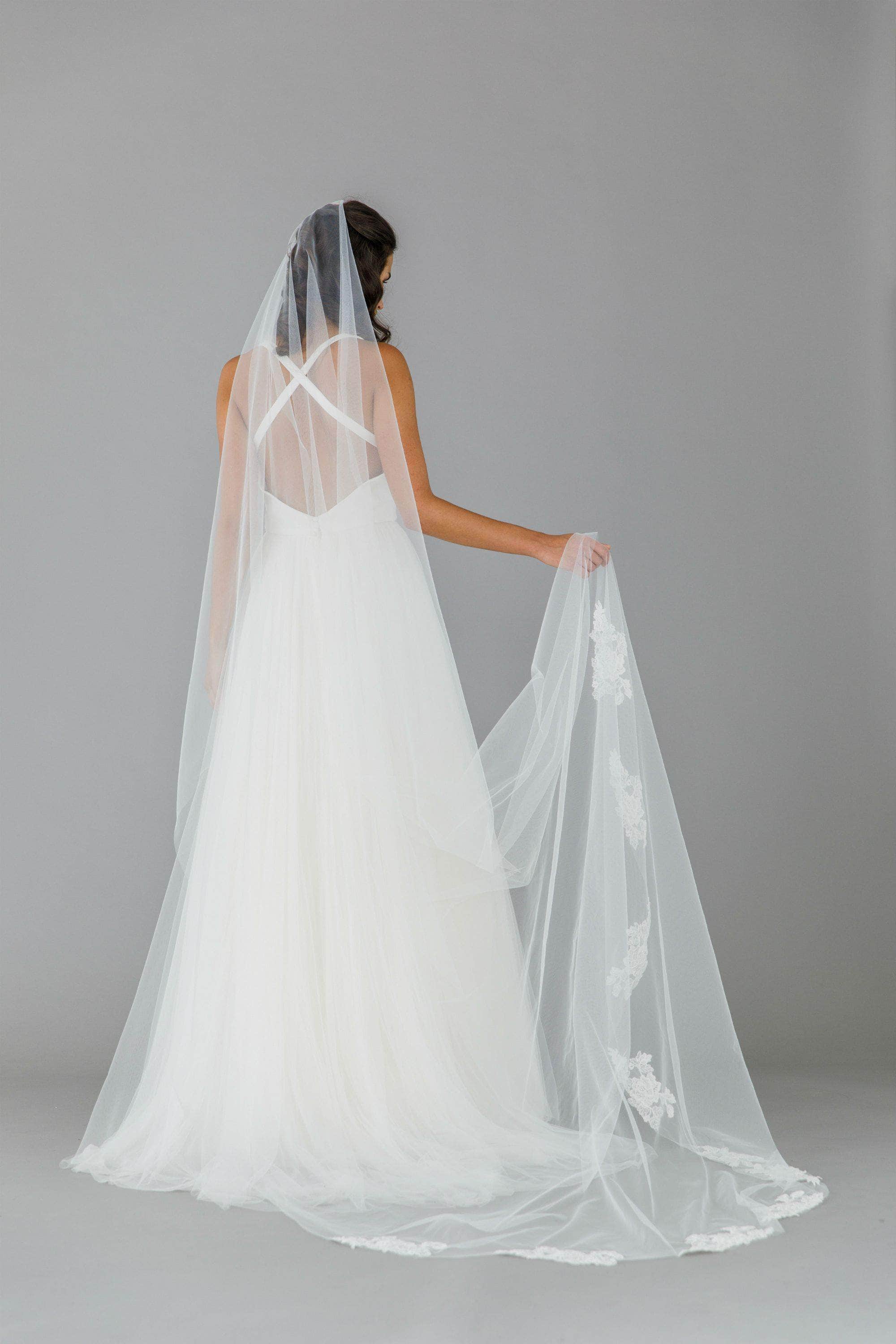 Wedding Veil Lace flower motif train wedding veil - 'Amara'