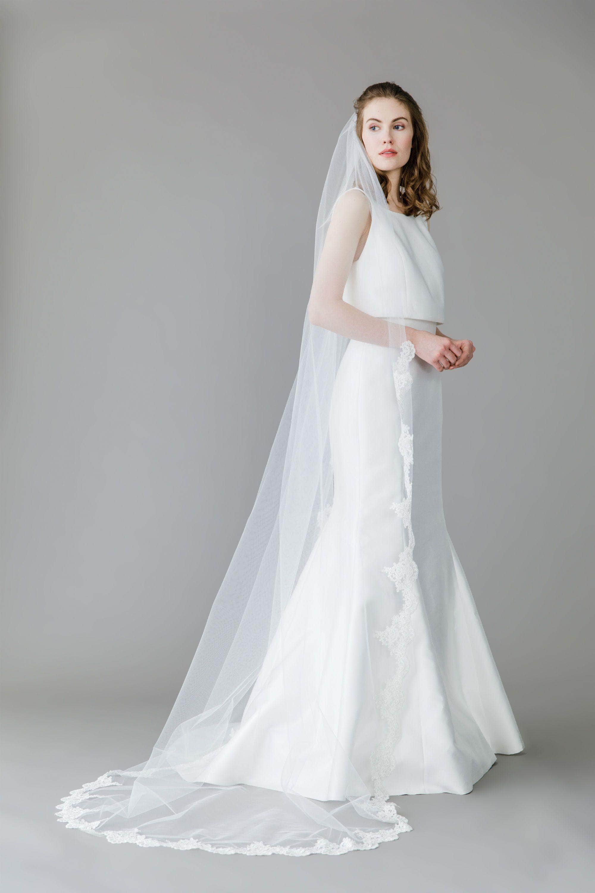 Wedding Veil Semi edged wedding veil with lace starting around wrists - 'Emma'