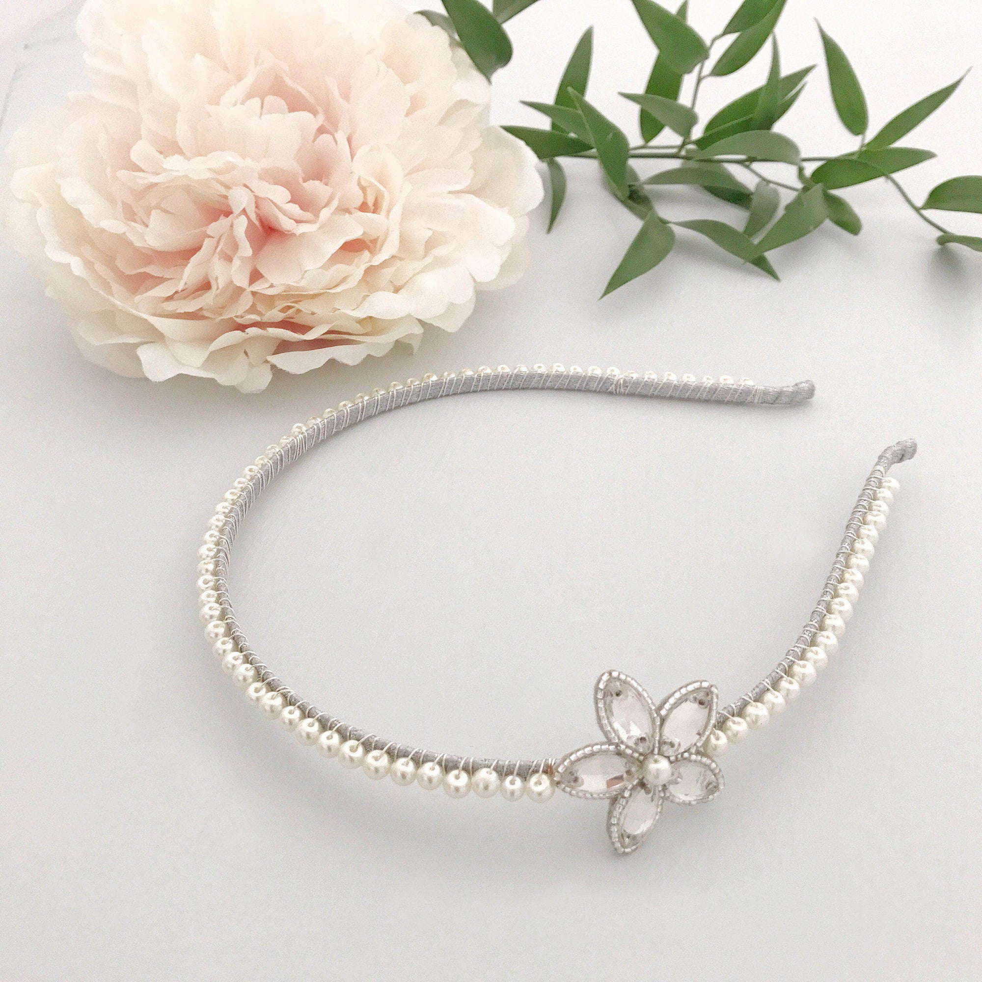 Wedding Headband Silver / Silver sparkle (as in images) Pearl and flower silver wedding headband 'Sia'