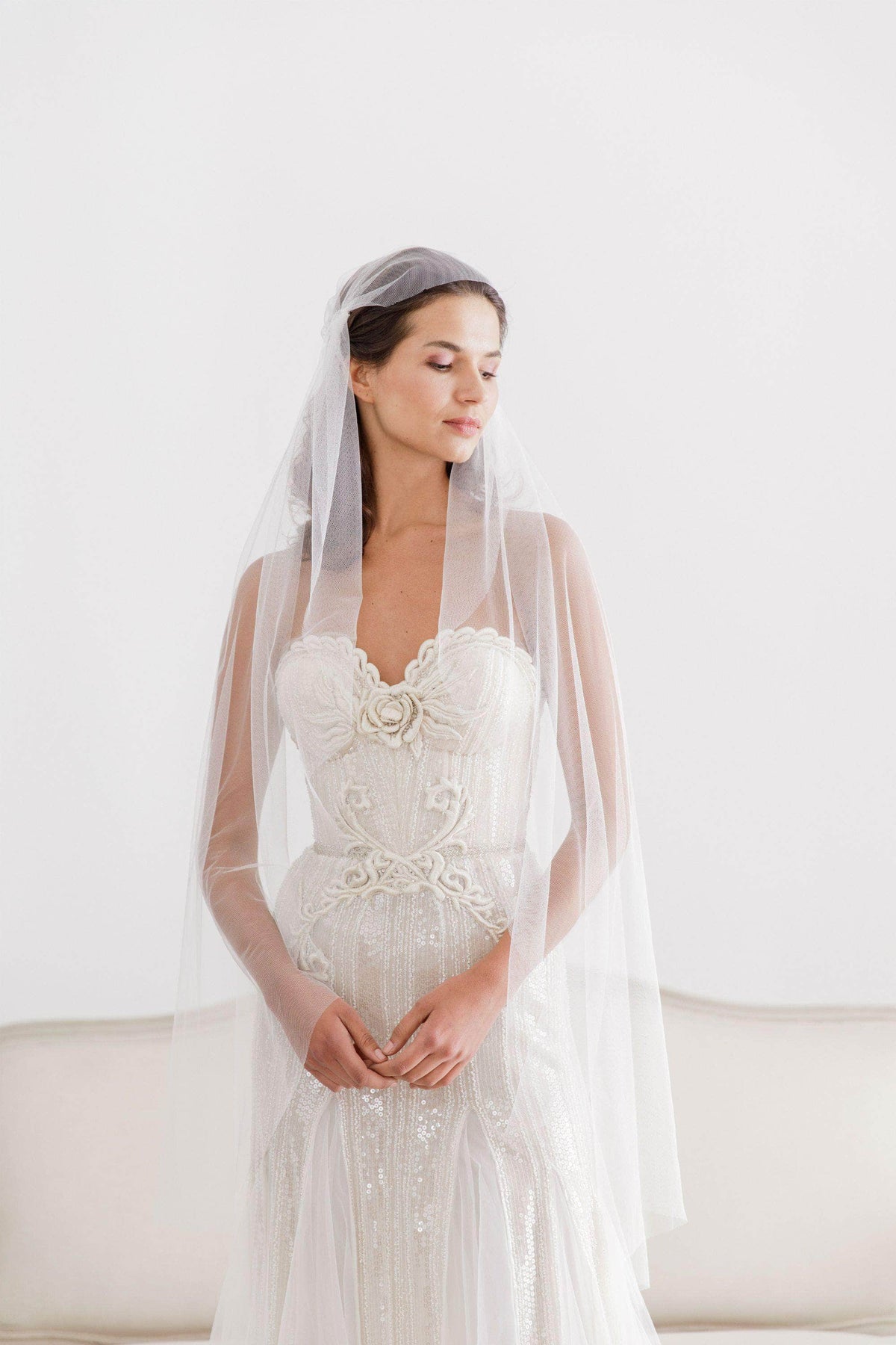 Wedding Veil white / Cathedral length White - Silk style juliet cap wedding veil - &#39;Dorothy&#39;