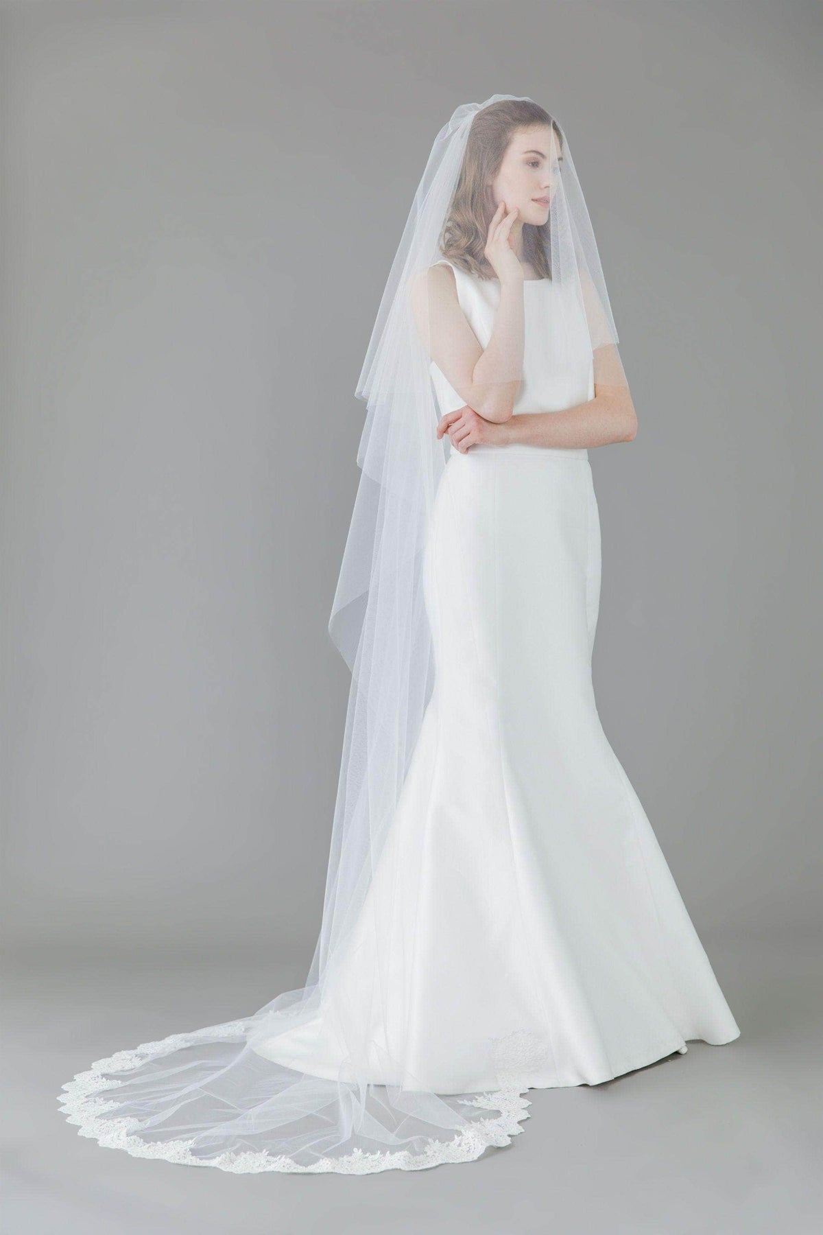 Wedding Veil Two tier semi lace edged ivory wedding veil - &#39;Prudence&#39;