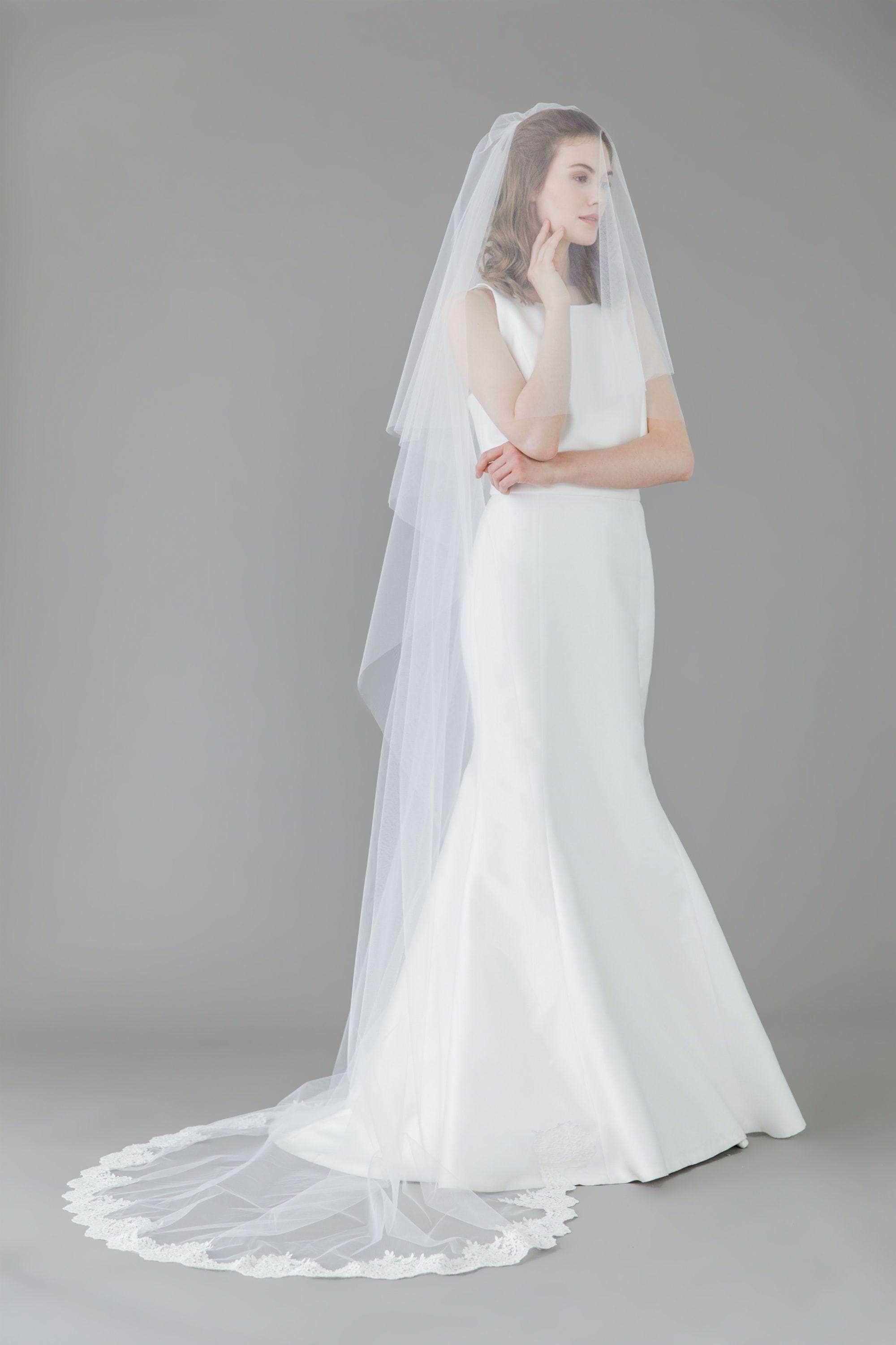 Wedding Veil Two tier semi lace edged ivory wedding veil - 'Prudence'