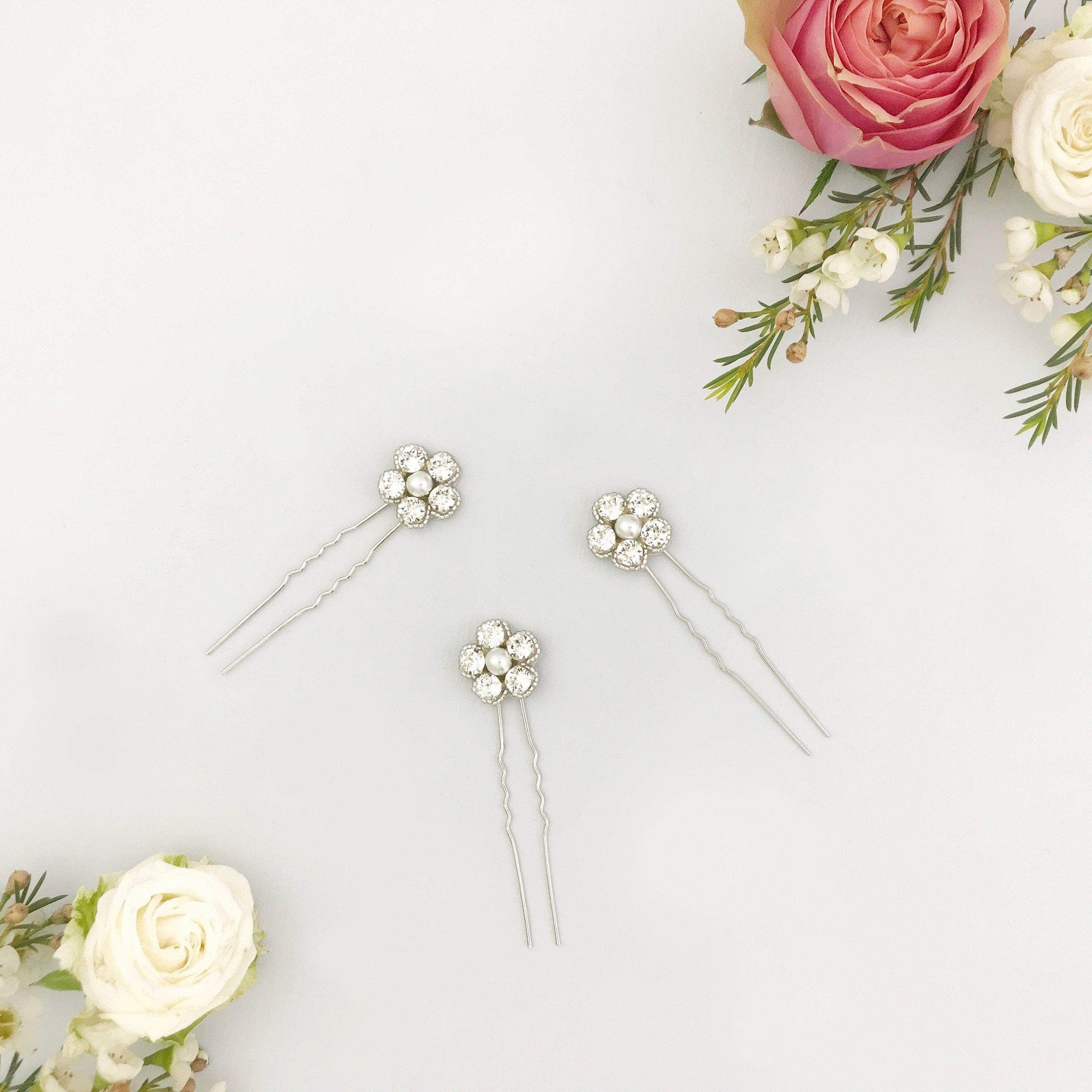 Wedding Hairpin Silver flower wedding hair pins in crystal and pearl (x3) - 'Ema'