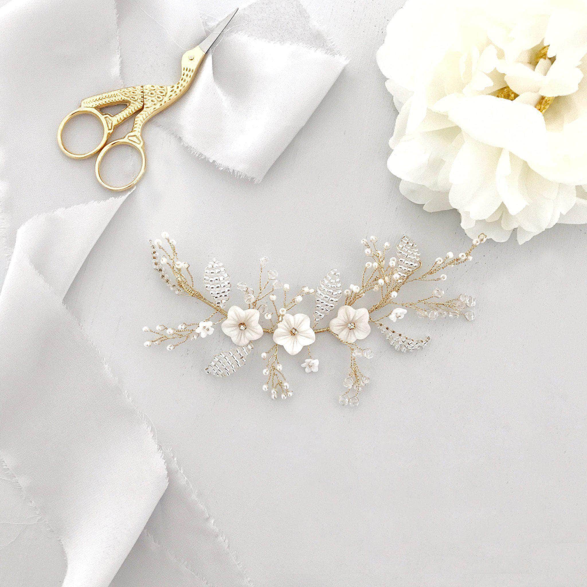 Boho Pearls & Crystal Leaves Hand Wired Floral Vine Bridal Belt on Ivo