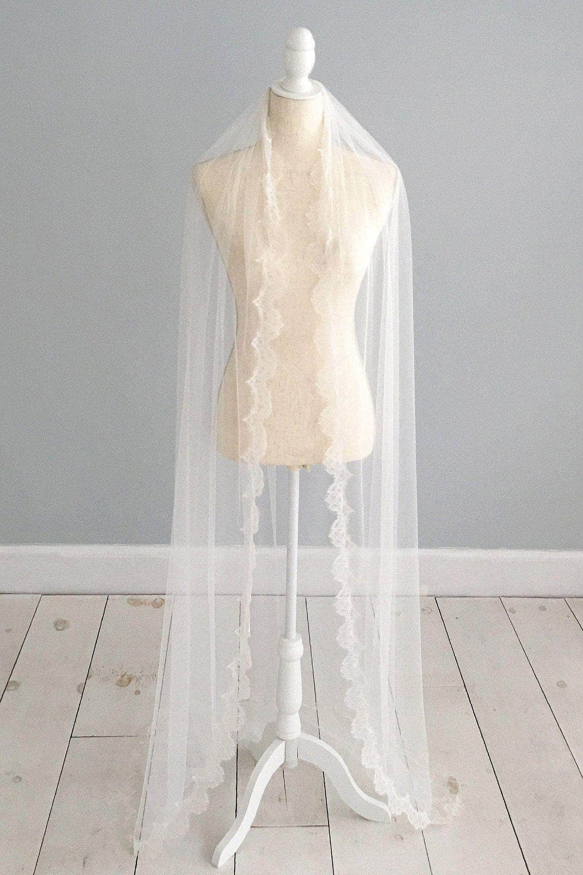 Wedding Veil Silk style wedding veil with french eyelash lace trim- &#39;Mia&#39;