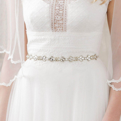 Wedding Belt Gold Gold crystal and pearl flower wedding belt - 'Evelyn'