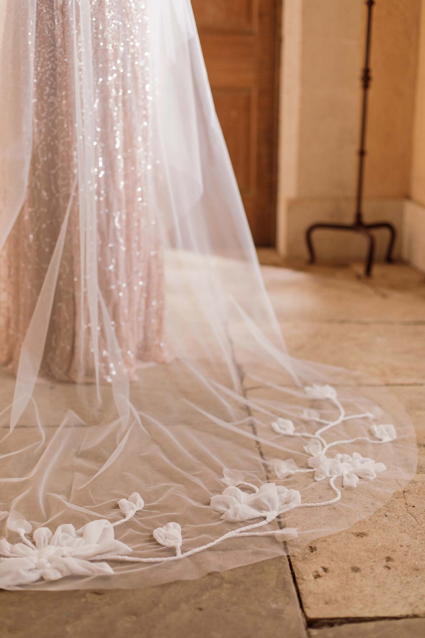 Wedding Veil Hand embroidered Italian drop veil - Luna