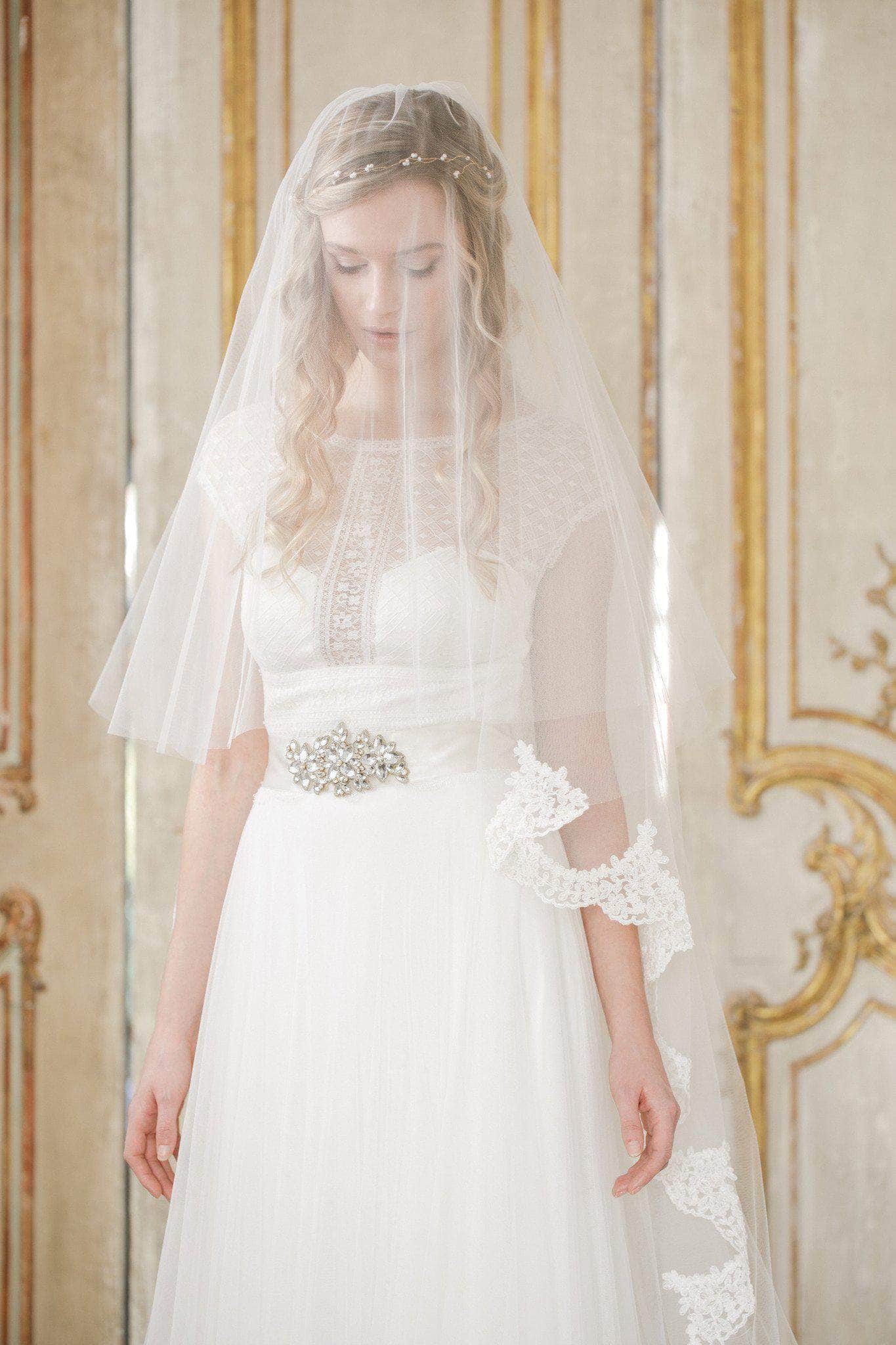 Vintage 2 Tier Wedding Veil & V- Secret Garter Delicate lace edged two tier wedding veil -  main image 4