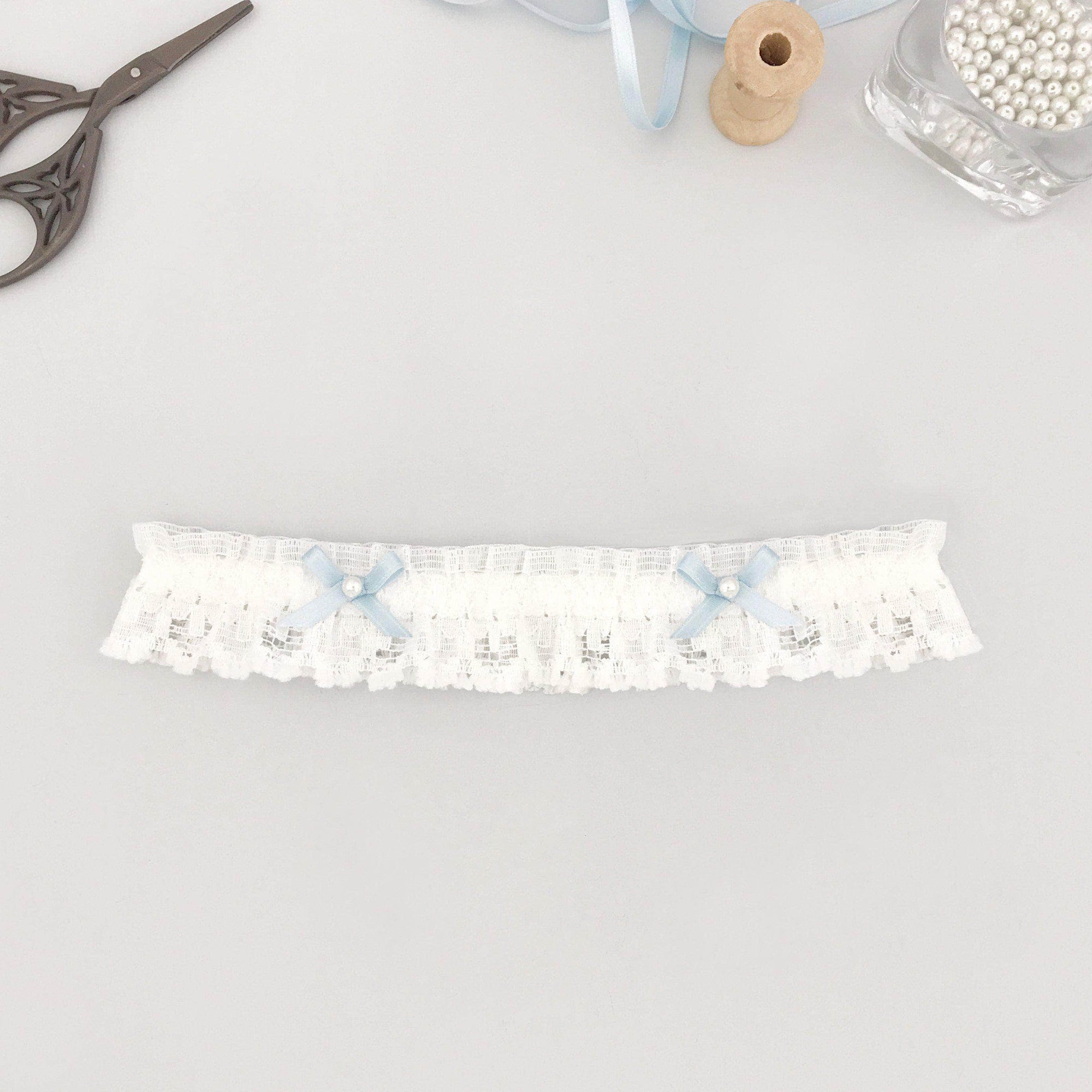 Wedding Garter Lace wedding garter with two 'something blue' bows - 'Armelle'