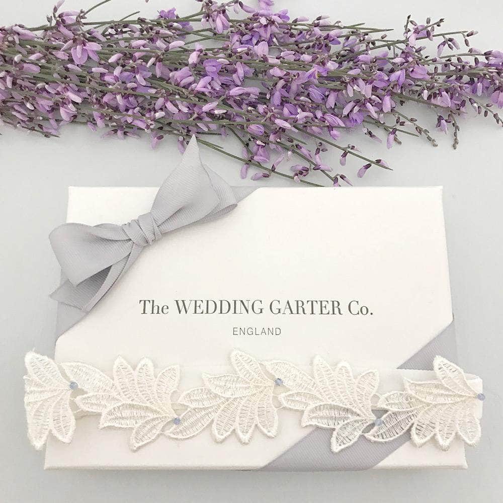 Wedding Garter Super sleek lace leaf wedding garter with 'something blue' crystals - 'Elme'