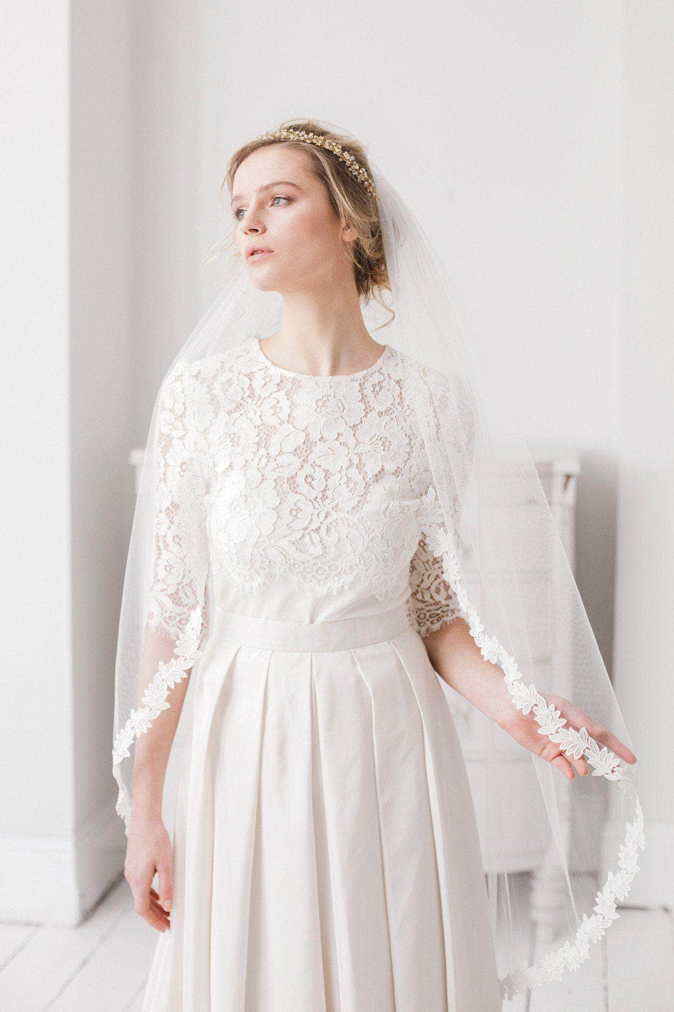 Wedding Veil Semi lace edged leaf wedding veil - 'Ferne'