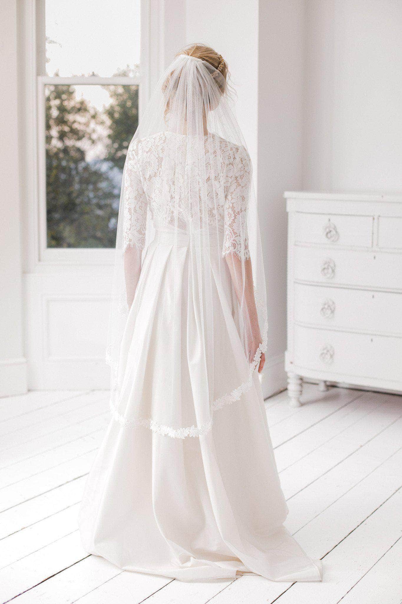 Semi lace edged leaf wedding veil - 
