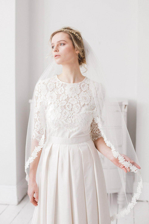 Wedding Veil Semi lace edged leaf wedding veil - 'Ferne'