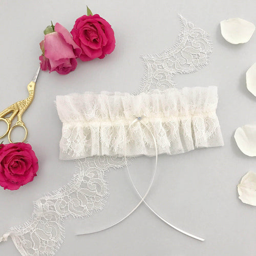 Wedding Garter French eyelash lace wedding garter with single something blue crystal - 'Misa'