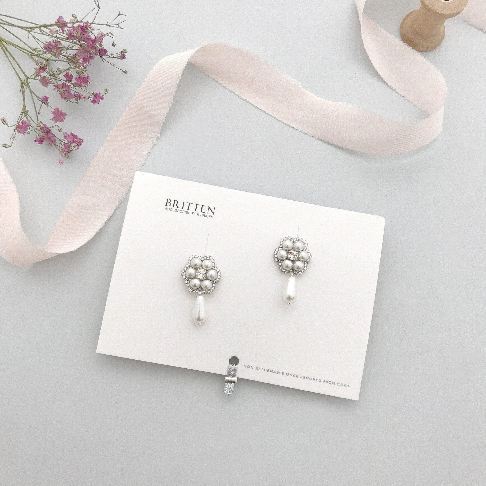 Wedding Earring Silver Flower wedding drop earrings pearl - 'Mila'