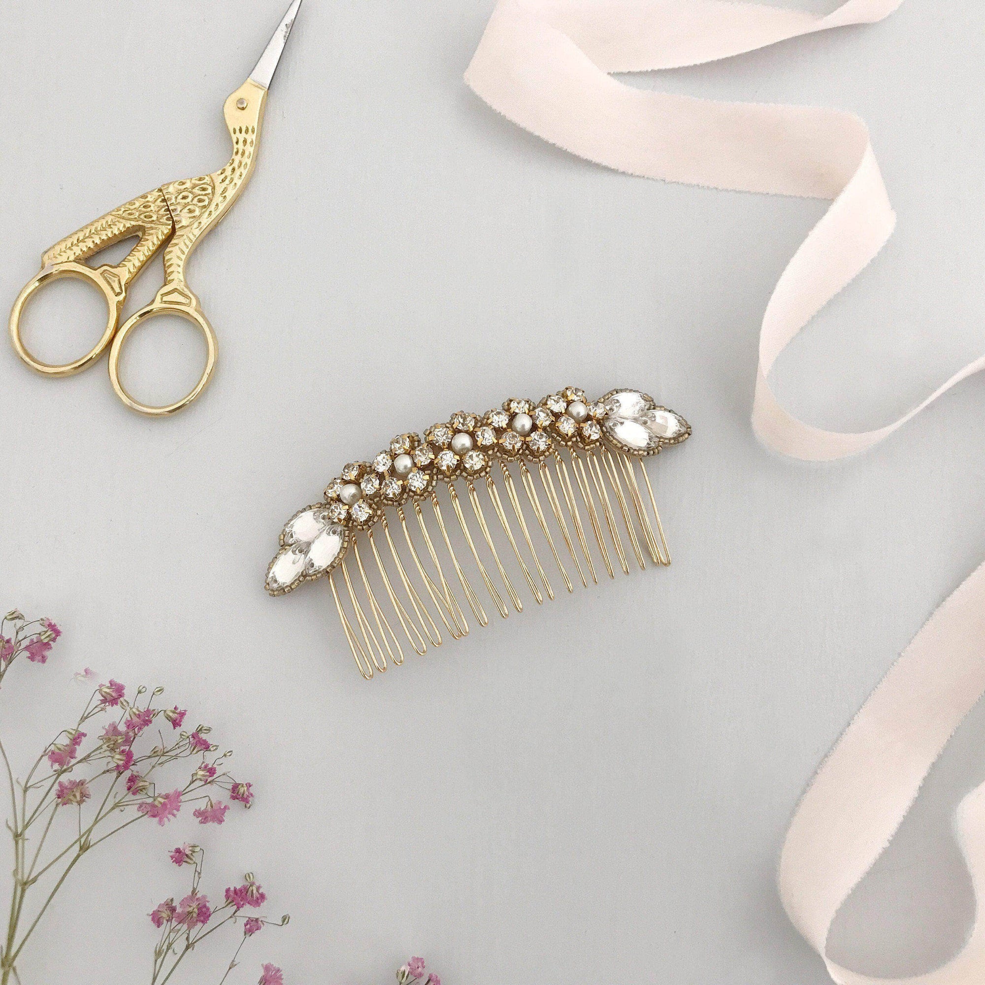Wedding Haircomb Gold Gold wedding hair comb with super sparkle centre - 'Olivia'
