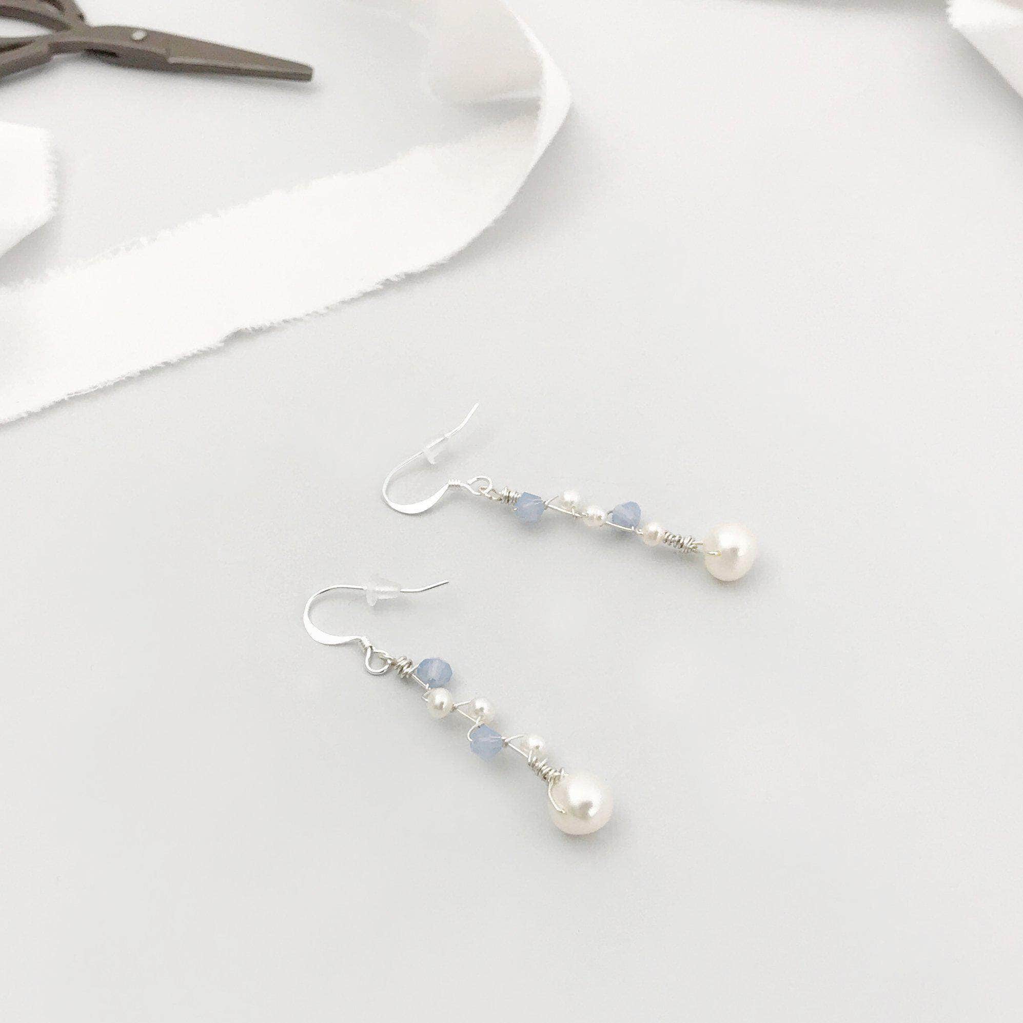 Wedding Earring Silverblue Silver wedding earrings of blue opal and freshwater pearl - 'Addie'