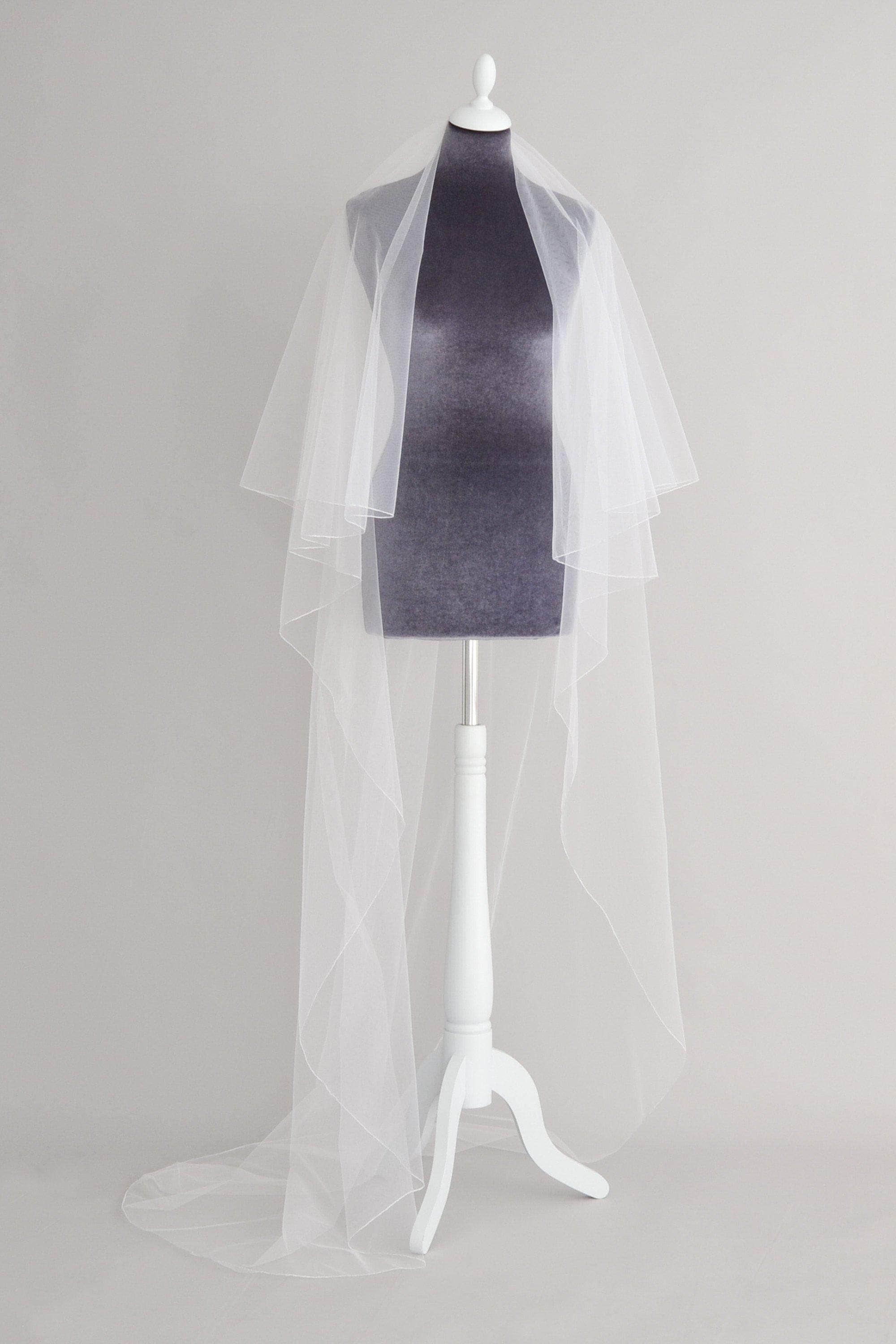 Wedding Veil white / Silver / Floor length (72cm + 200cm/28 inches + 79 inches) White Floor Length Pencil edge (silver) two tier wedding veil - 'Ariel'