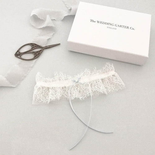 Wedding Garter French eyelash lace wedding garter with something blue bow - 'Sara'