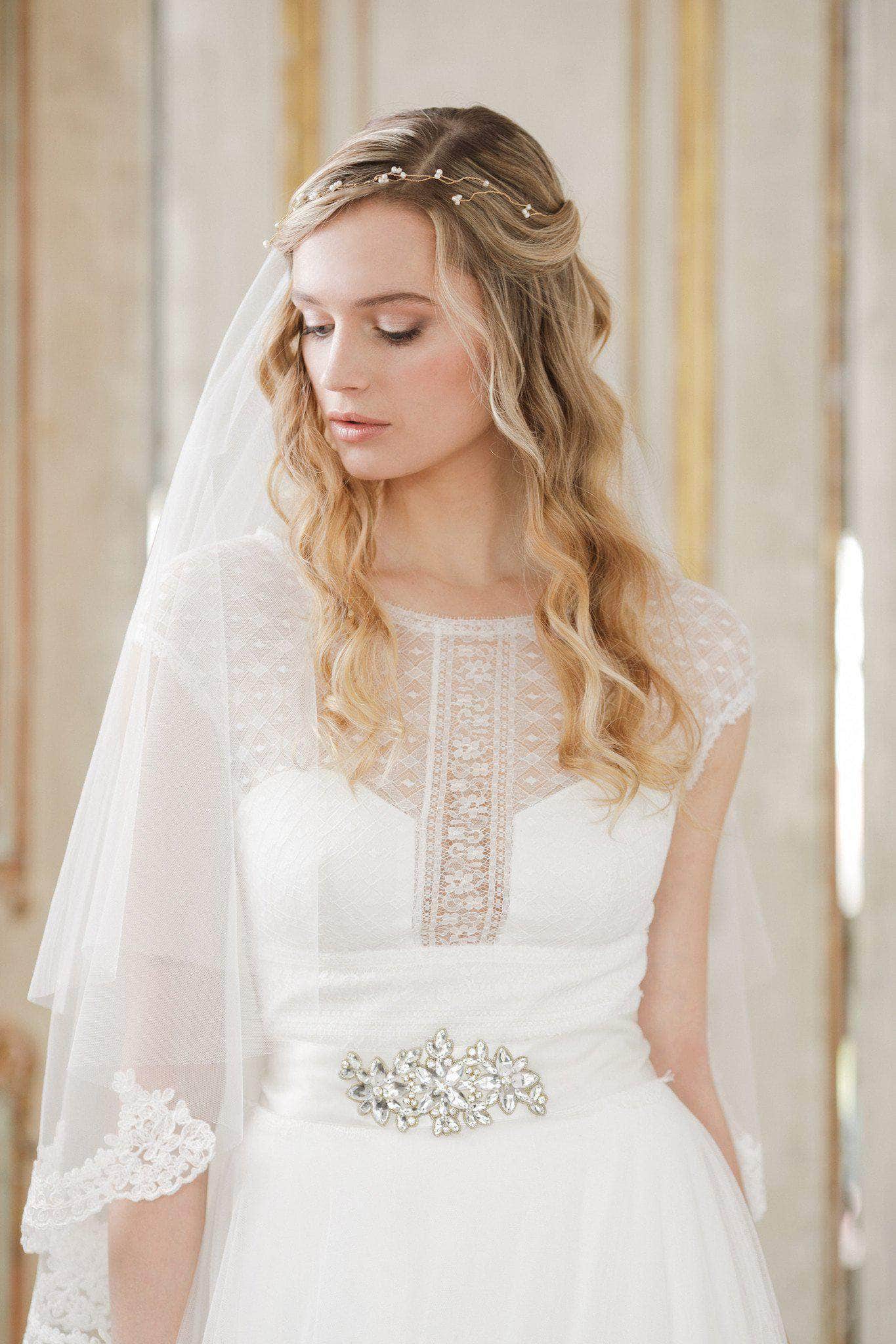 Two tier semi lace edged ivory wedding veil - 