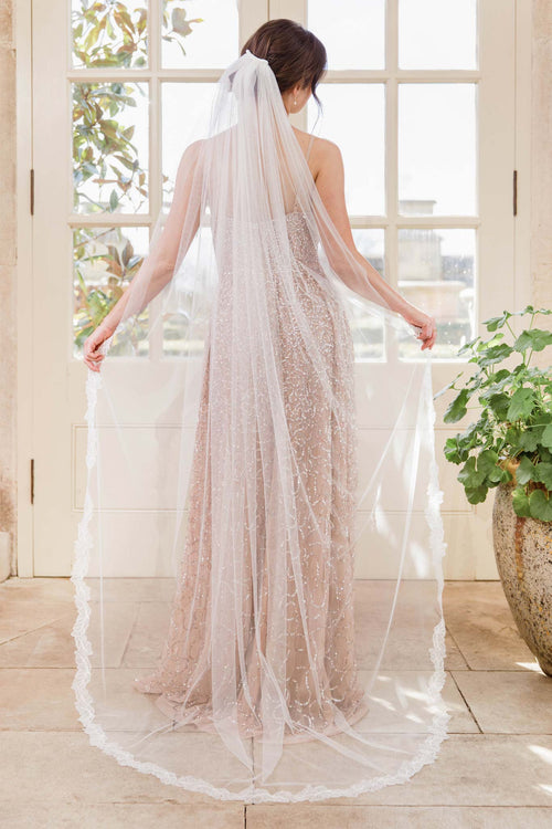 Wedding Veil Silk style semi lace edged leaf wedding veil - 'Cali'