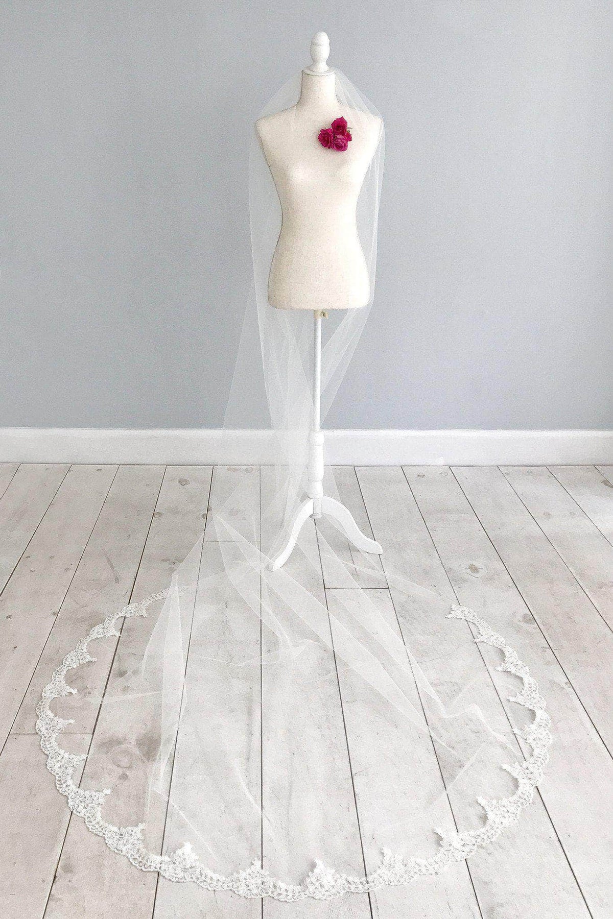 Wedding Veil Semi edged wedding veil with lace around train - &#39;Poppy&#39;