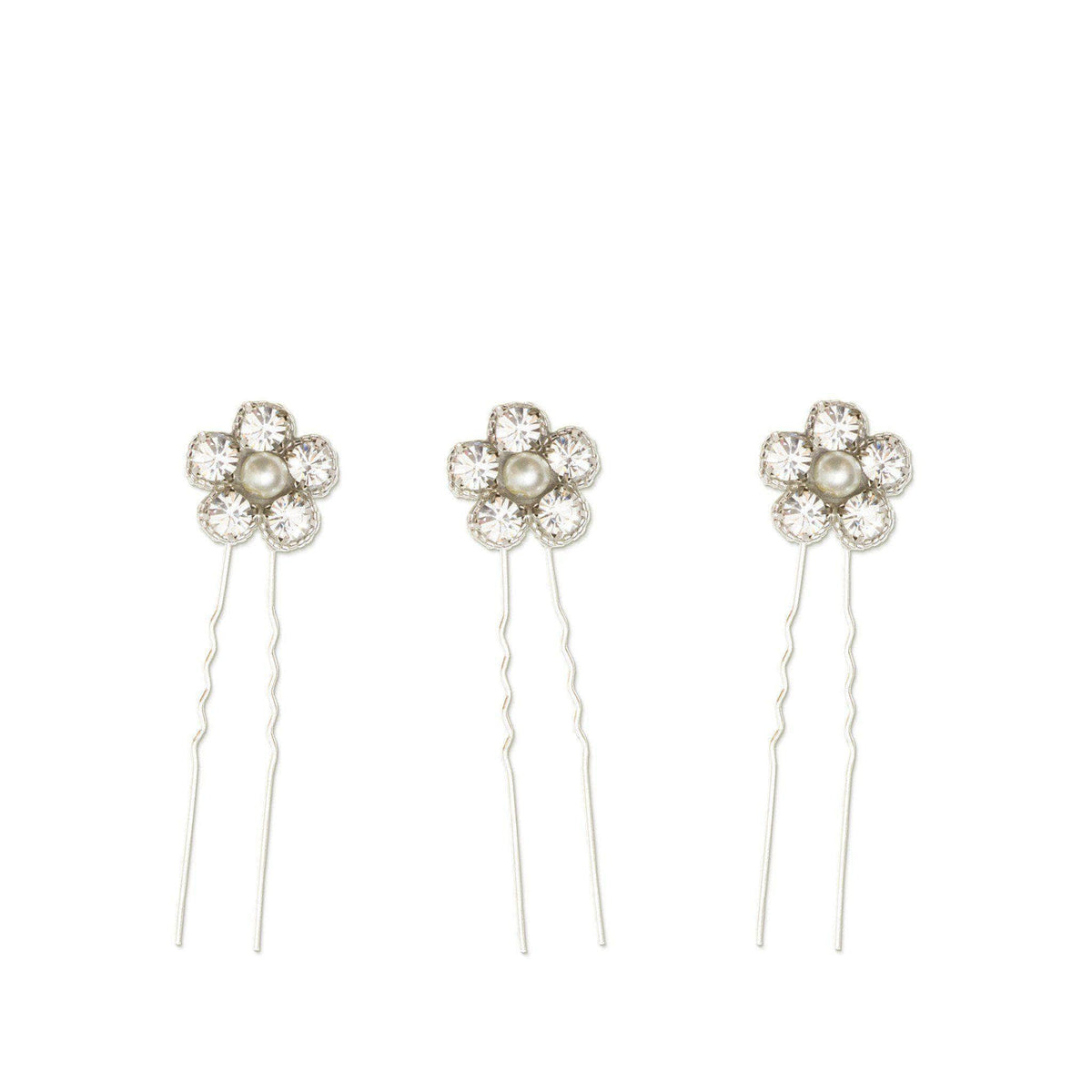 Wedding Hairpin Silver flower wedding hair pins in crystal and pearl (x3) - &#39;Ema&#39;