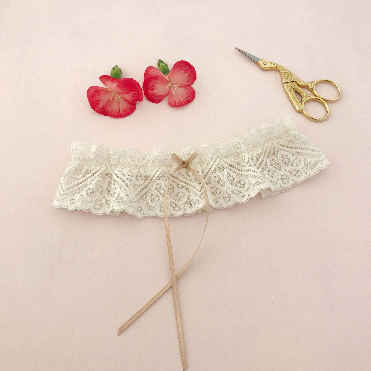 Wedding Garter Champagne lace wedding garter with satin bow - &#39;Zara&#39;