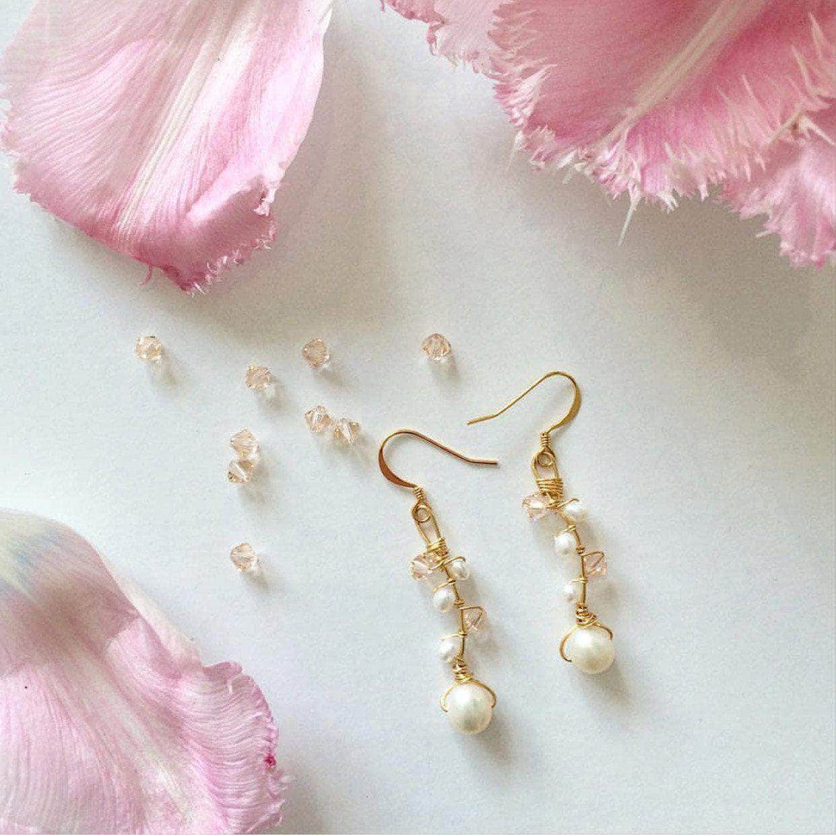 Wedding Earring Goldblush Gold wedding earrings of blush crystal and freshwater pearl - &#39;Addie&#39;