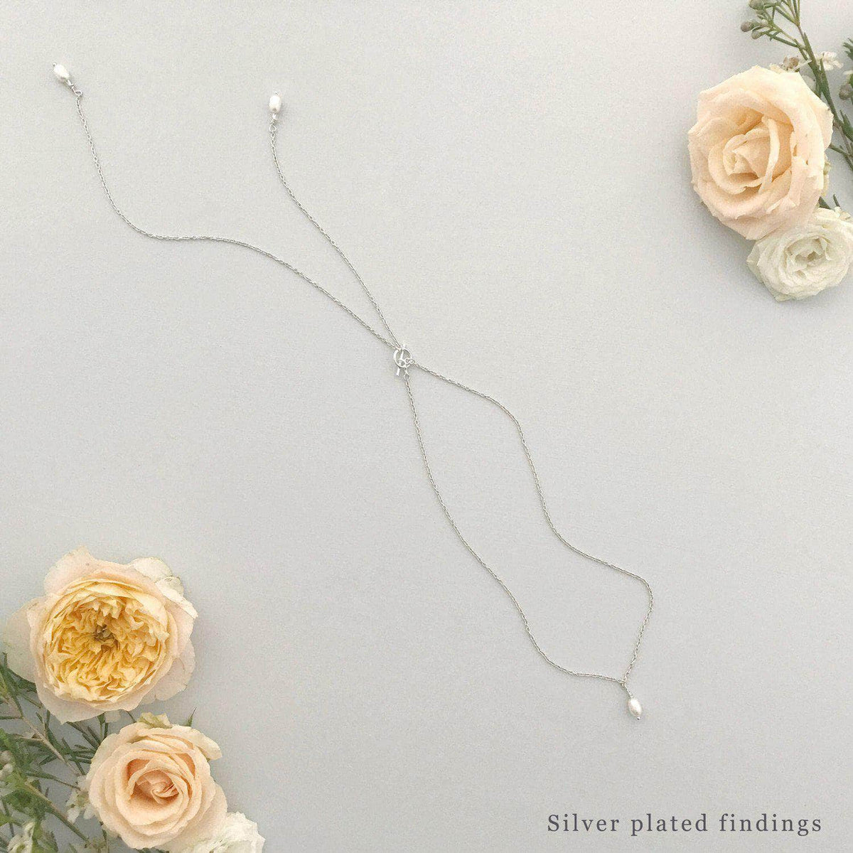 Wedding Necklace Silver plated Silver pearl back drop necklace lariat for wedding - &#39;Charlotte&#39;