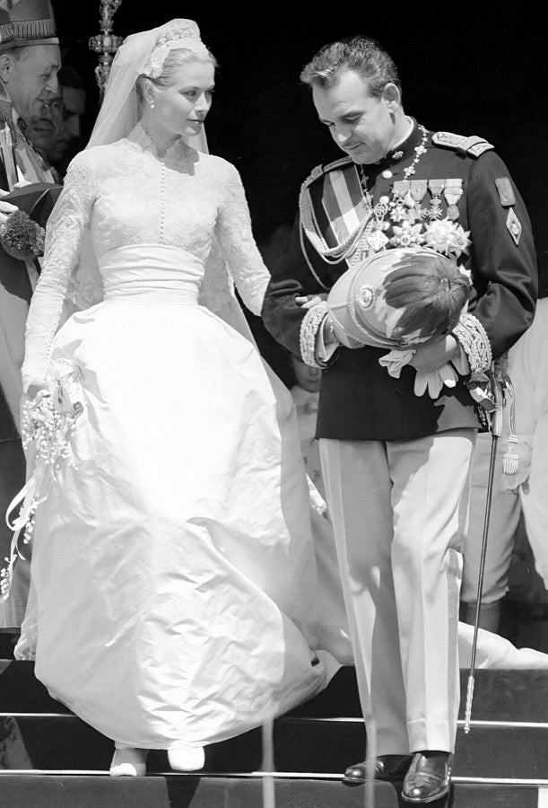 Grace Kelly on her 1956 wedding day, lace Juliet cap headpiece and veil